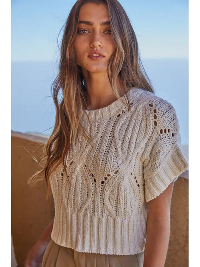 CROCHET KNIT SHORT SLEEVE SWEATER