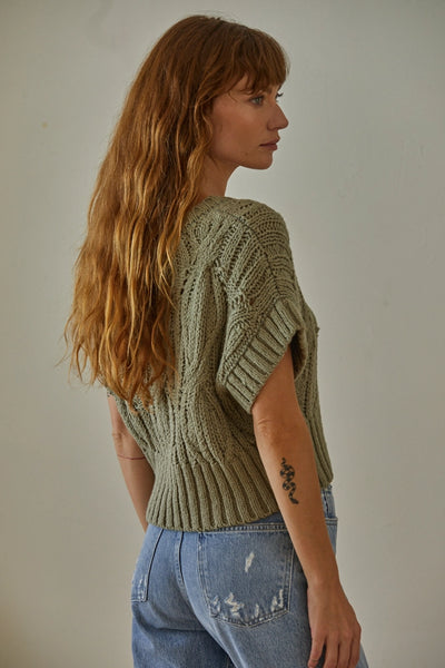 CROCHET KNIT SHORT SLEEVE SWEATER