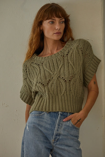 CROCHET KNIT SHORT SLEEVE SWEATER